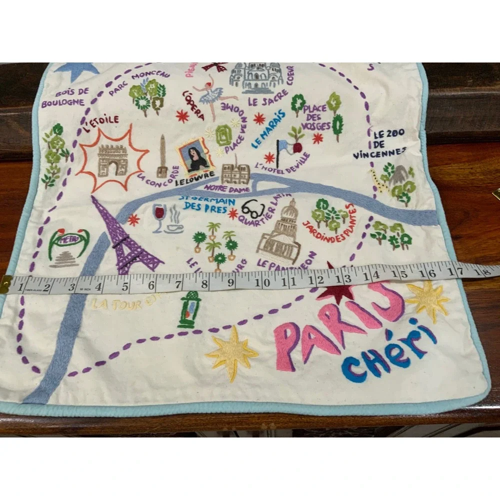 Paris Cheri Embroidered Map Pillow Cover French Landmark Decor Square Sham 18x18